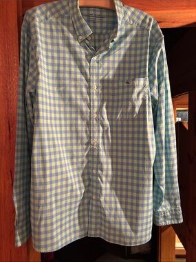 Vineyard Vines Men’s Blue and Green Gingham Button-Down Shirt